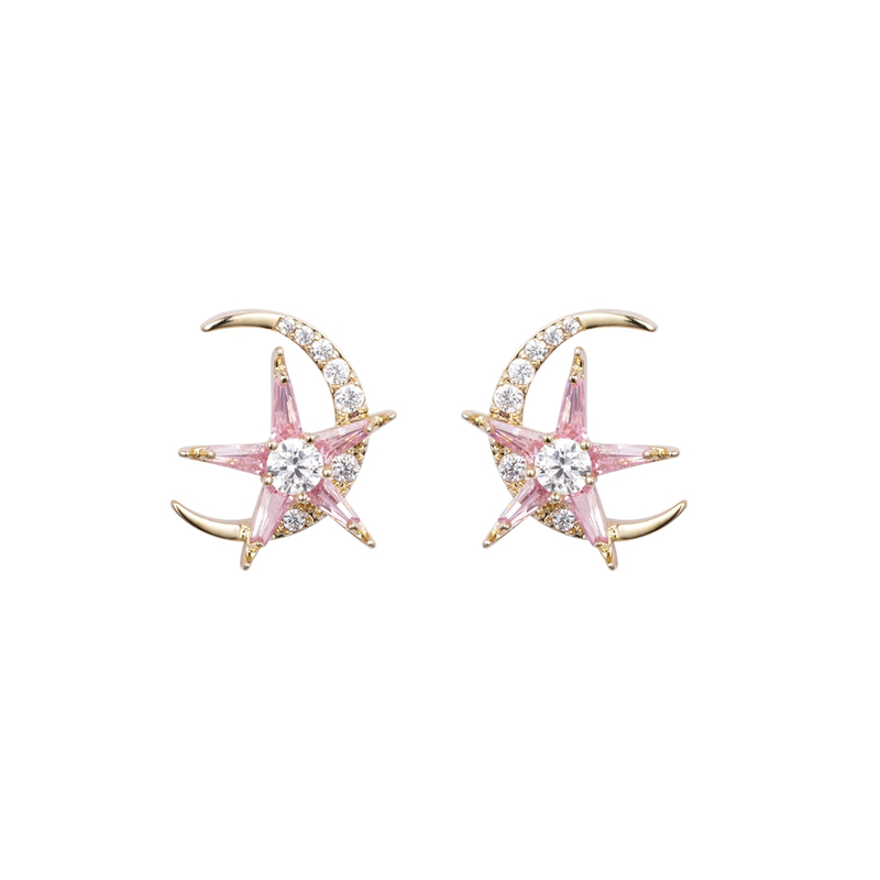 Entzückende Mond- und Sterne-Ohrringe in Rosa mit CZ, niedrige Mindestbestellmenge, verhandelbarer Preis