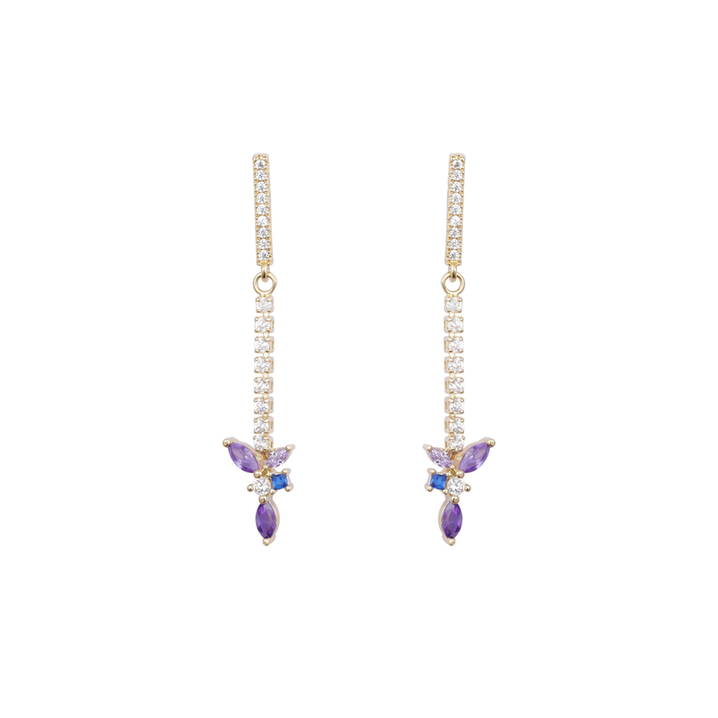 Elegante Ohrringe mit lila Orchideen-CZ, 14 Karat vergoldet
